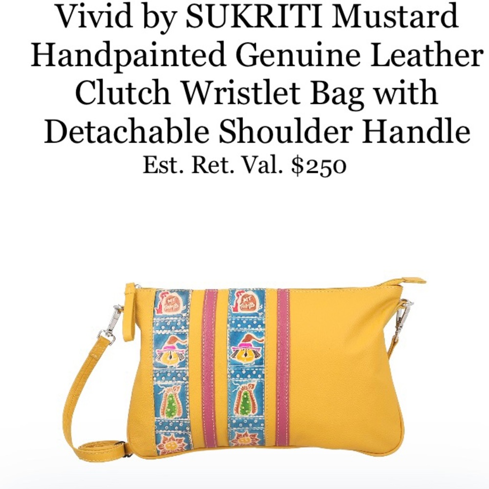 Mustard Handpainted Genuine Pebbled Leather Wristlet Clutch